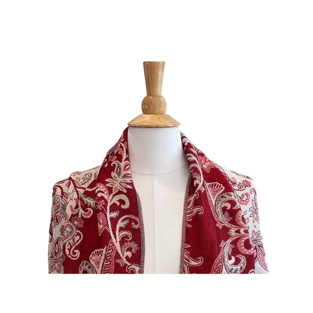 Large Burgundy, Tan Floral Wrap / Shawl / Scarf Fringe, Boho, 26 by 73